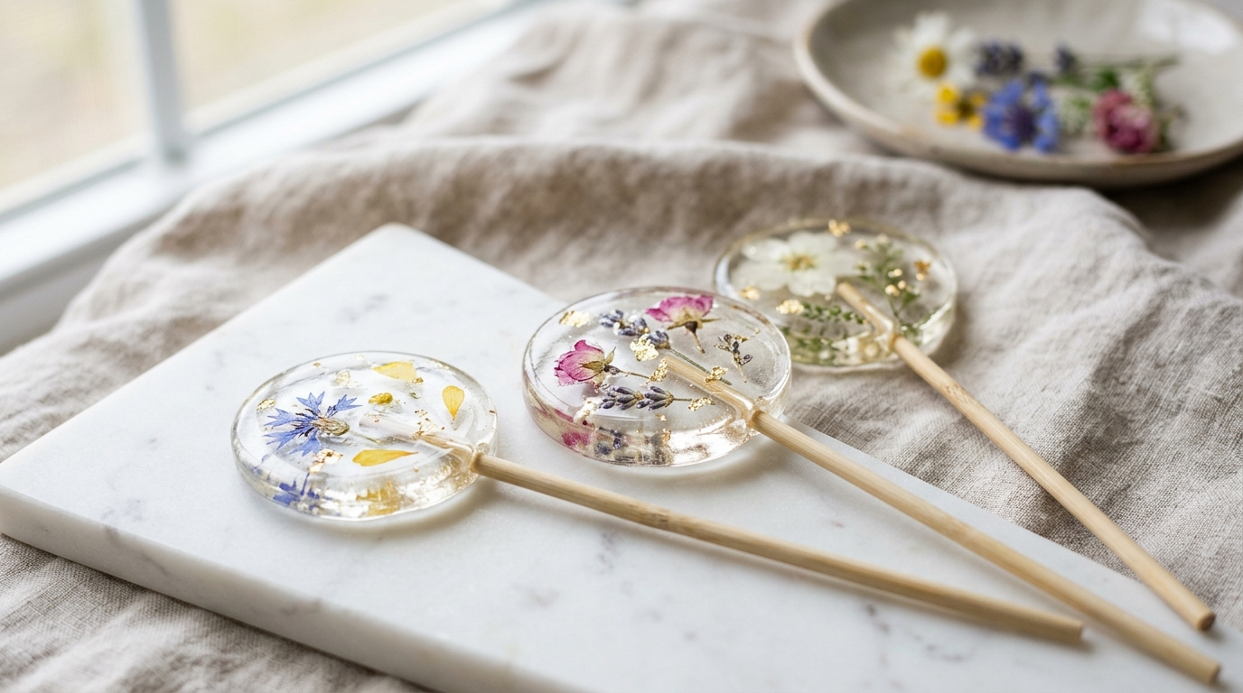Suçons artisanaux transparents avec fleurs comestibles Cristal Sucré
